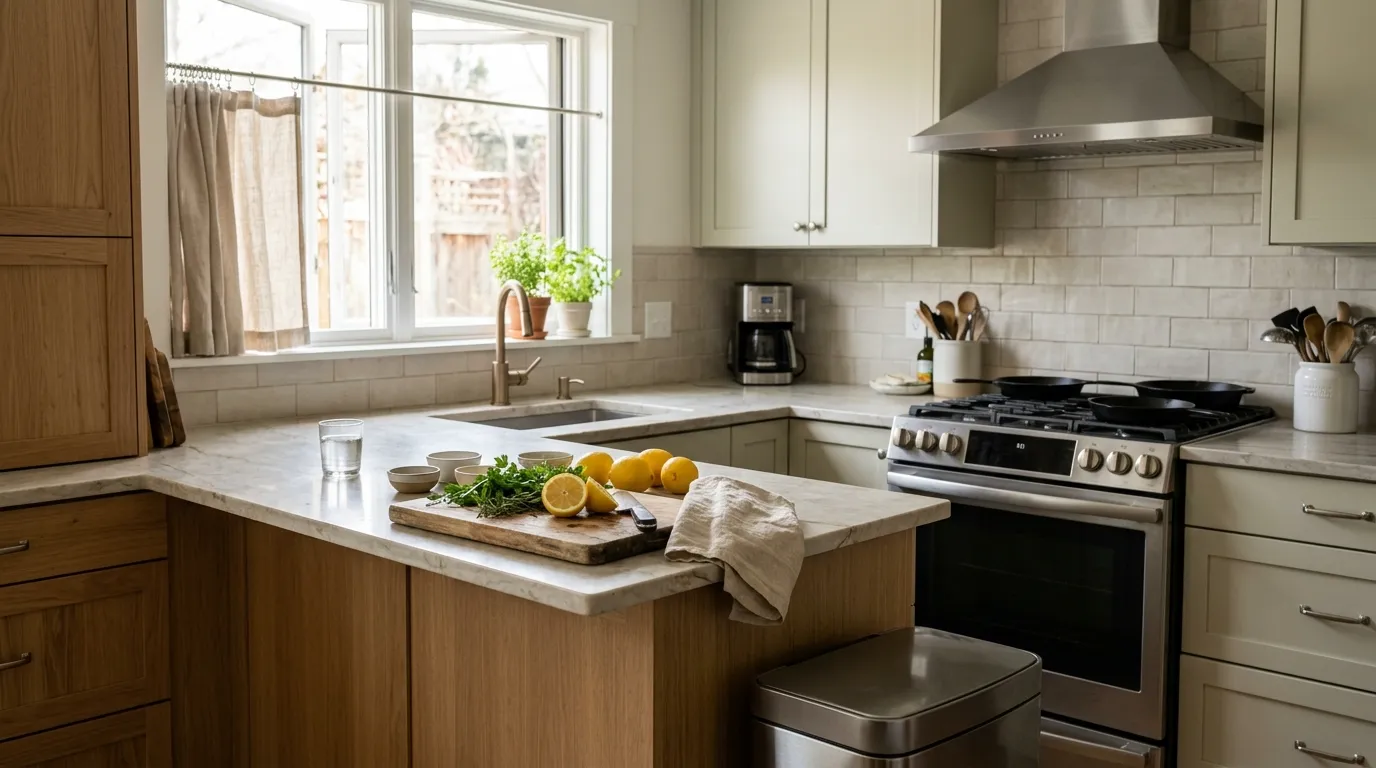 Clean, well-ventilated modern kitchen with a range hood, fresh ingredients, and an organized countertop