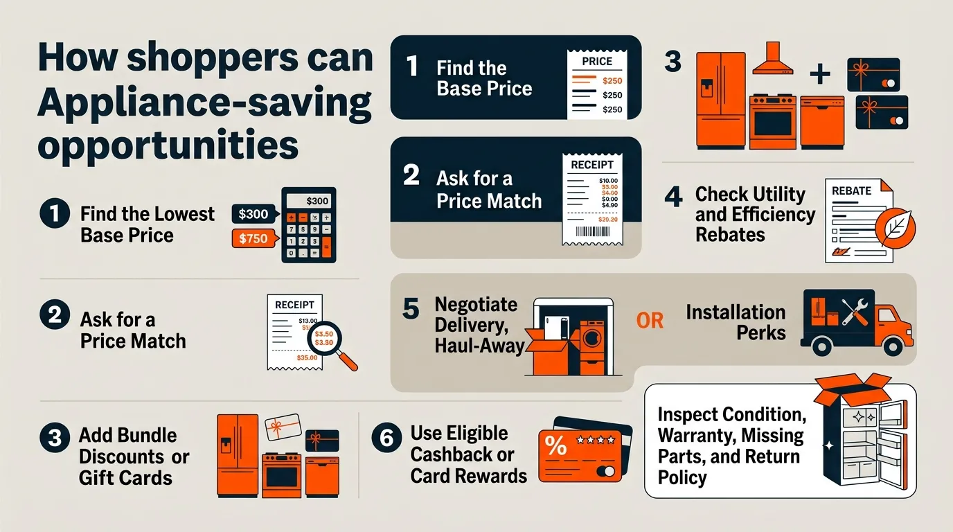 A savings guide showing price matching, bundles, rebates, delivery perks, open-box deals, and payment rewards.