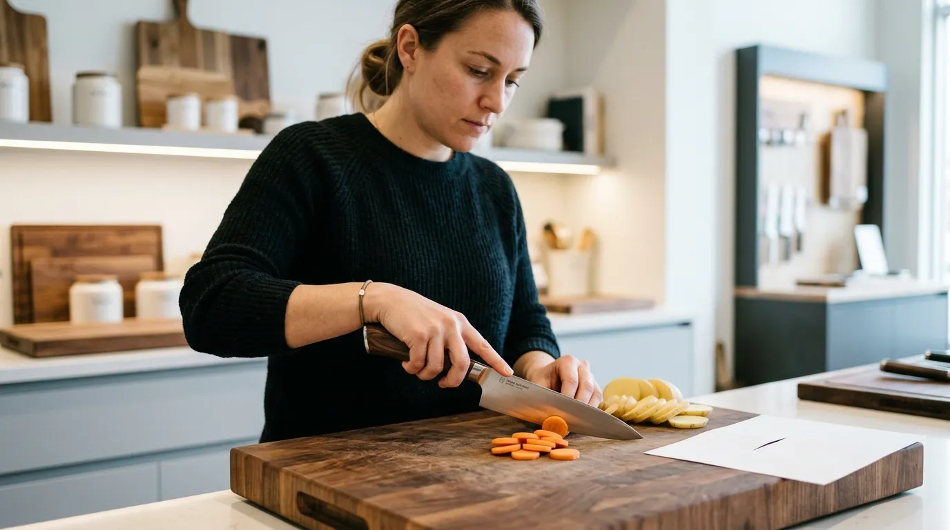 Shopper testing a kitchen knife grip and cutting feel with a carrot and sheet of paper