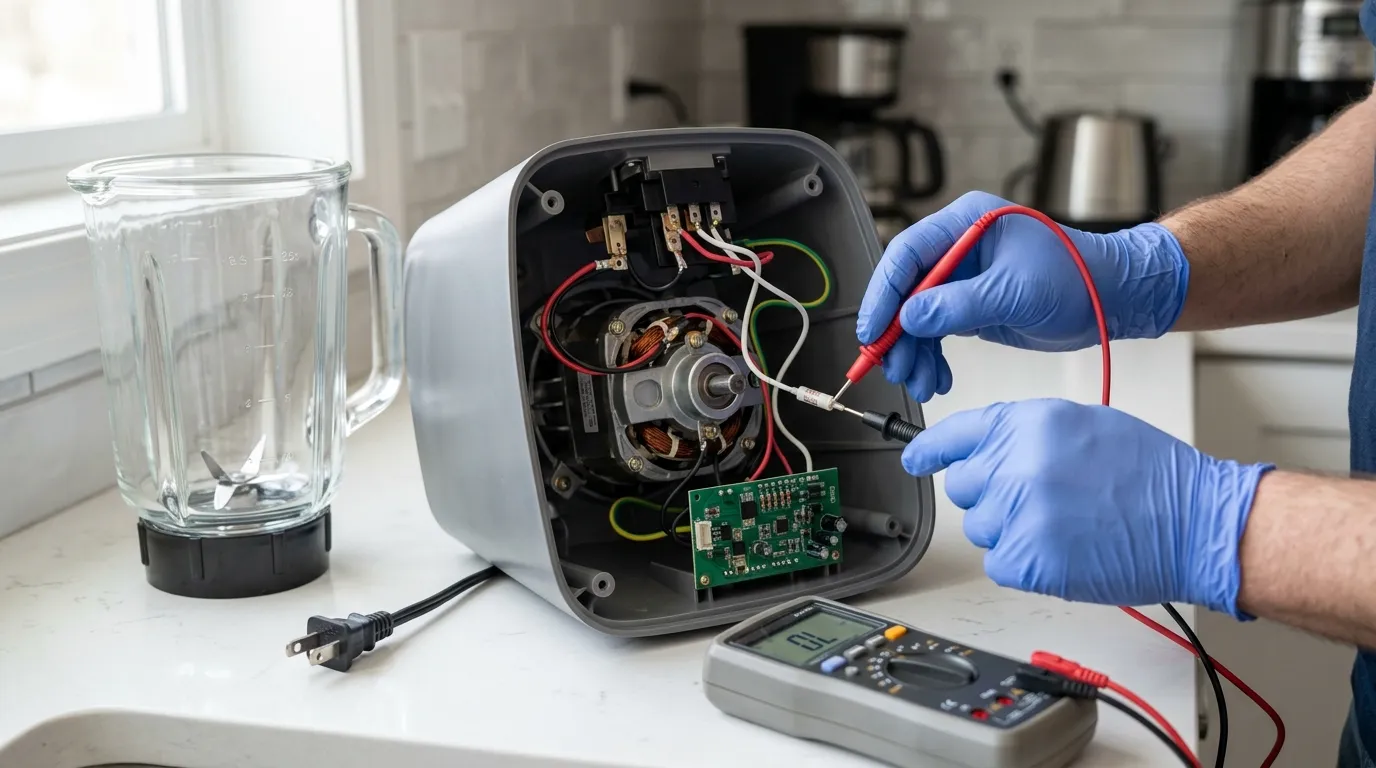 Unplugged blender base opened for inspection of its fuse, switch, motor, and wiring