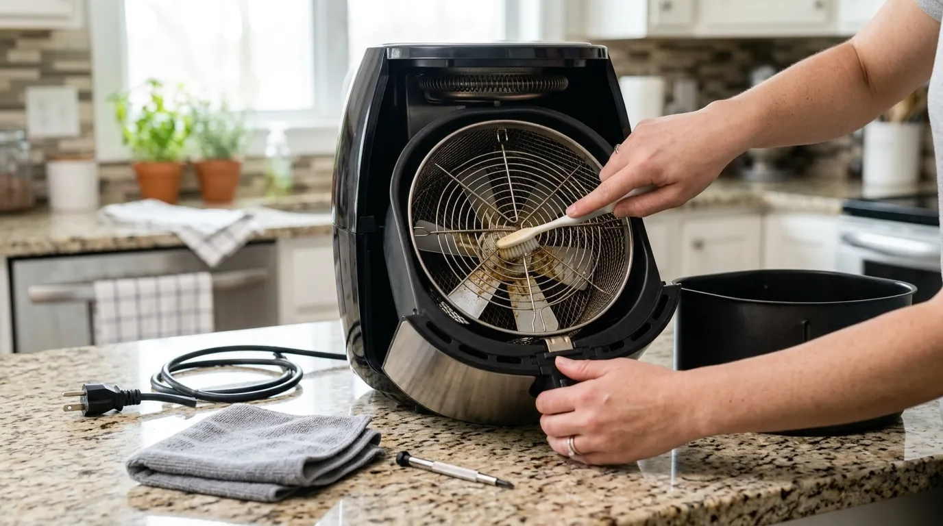 Air fryer fan blades being inspected and cleaned with a soft brush after the appliance has been unplugged