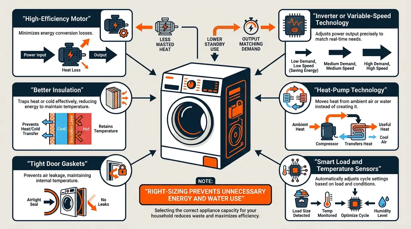 An infographic showing high-efficiency motors, variable-speed technology, insulation, heat-pump systems, tight seals, and smart sensors.