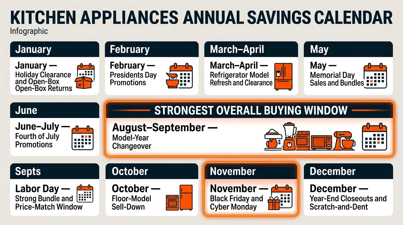 A month-by-month calendar showing clearance, holiday sales, model refreshes, Black Friday, and year-end appliance deals.