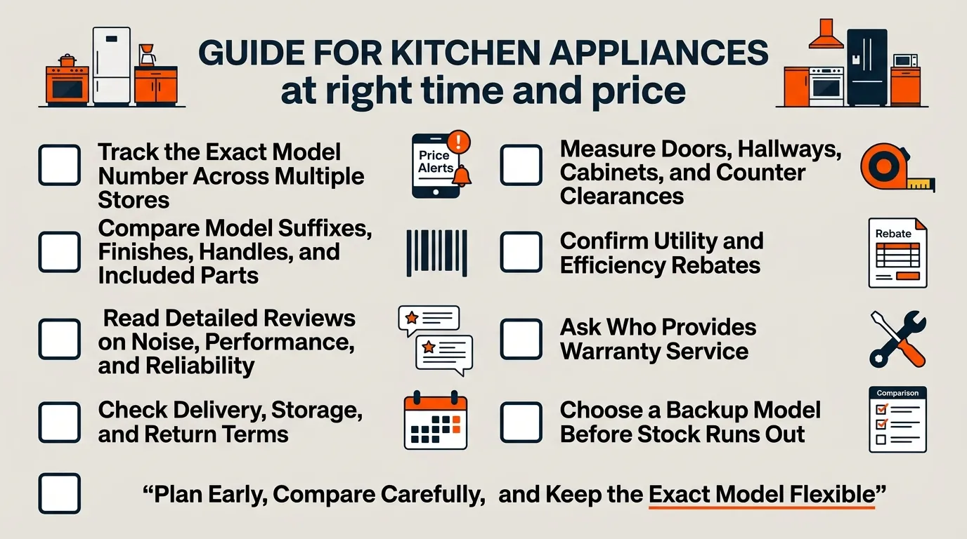A checklist covering price tracking, model numbers, reviews, rebates, measurements, service support, stock, and backup choices.