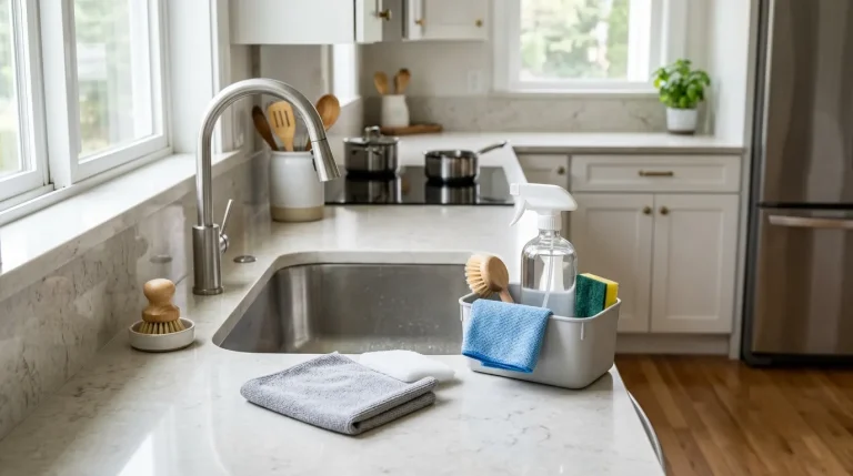 Clean modern kitchen with organized counters, fresh surfaces, and cleaning tools ready for a daily cleaning routine