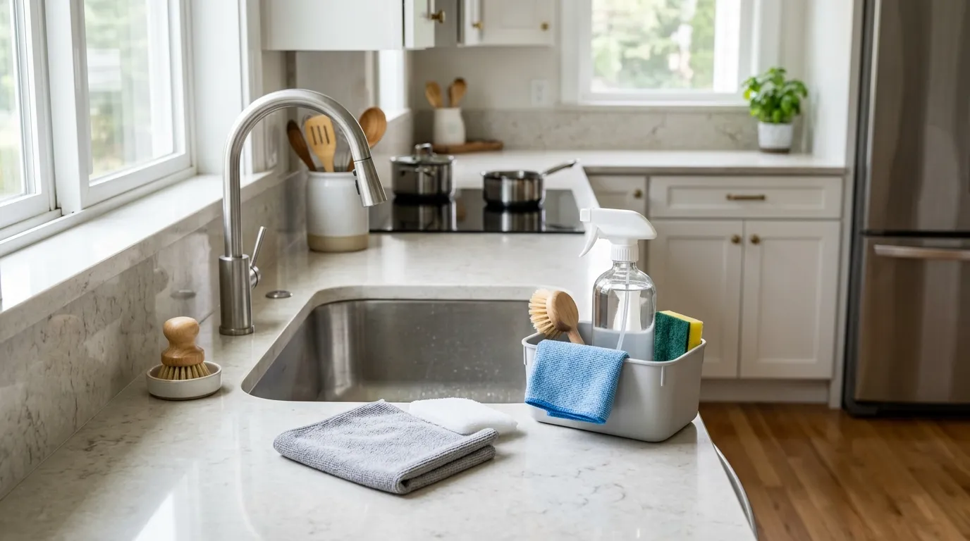 Clean modern kitchen with organized counters, fresh surfaces, and cleaning tools ready for a daily cleaning routine