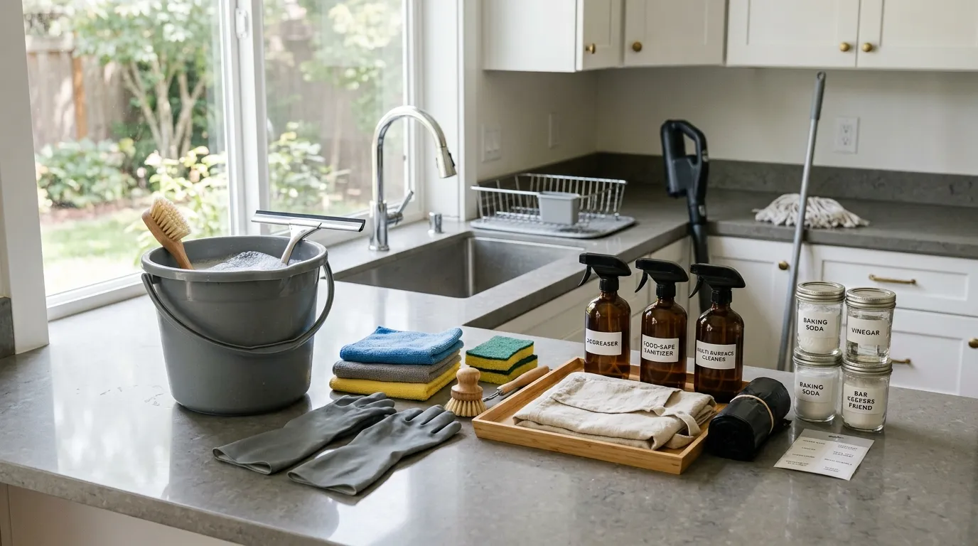 Kitchen deep-cleaning supplies including microfiber cloths, scrub brushes, gloves, bucket, vacuum, and safe cleaning products