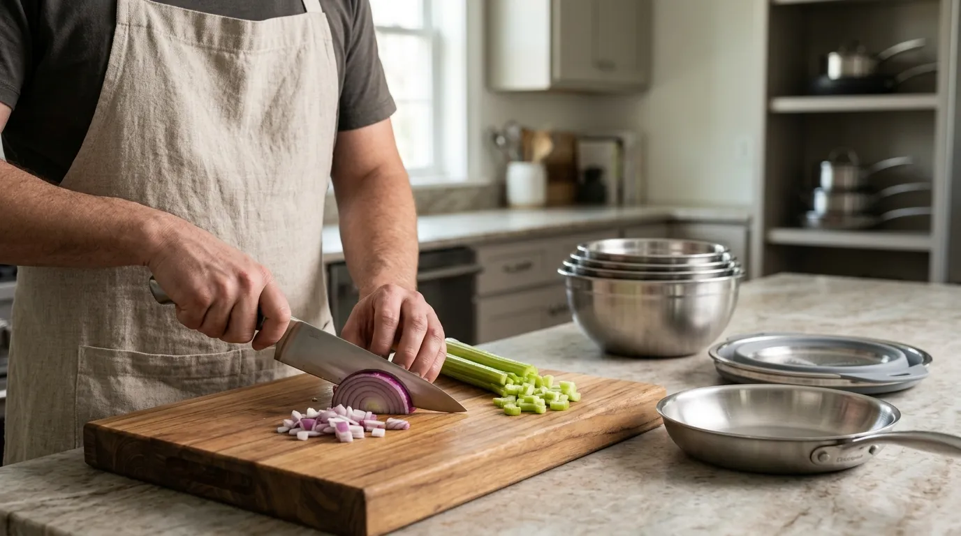 Chef’s knife, skillet, and compact kitchen tools arranged to demonstrate comfortable handling and practical storage