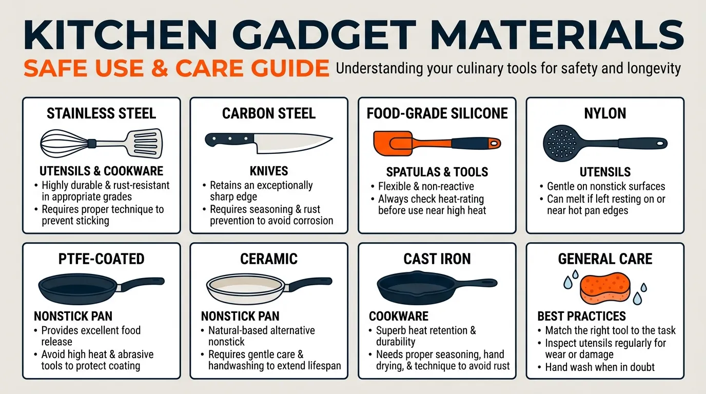 Kitchen material guide comparing stainless steel, carbon steel, silicone, nylon, nonstick cookware, and cast iron