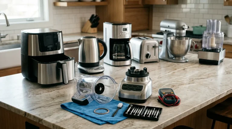 Common kitchen gadgets arranged for troubleshooting and simple repair in a modern home kitchen