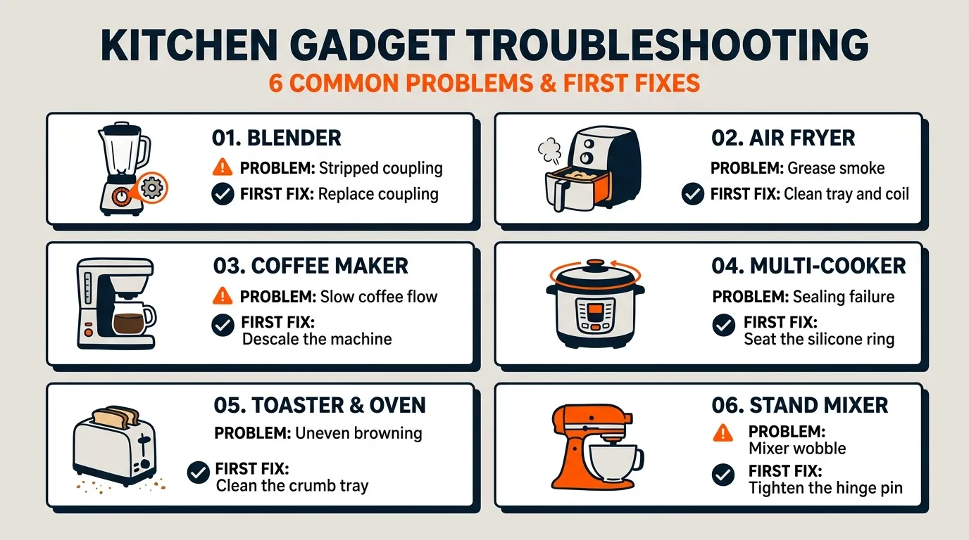 Kitchen gadget troubleshooting guide covering common problems and first fixes for blenders, air fryers, coffee makers, multi-cookers, toasters, and stand mixers