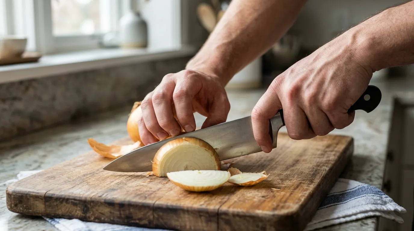 Home cook using a pinch grip and curled fingertips while cutting vegetables on a stable cutting board