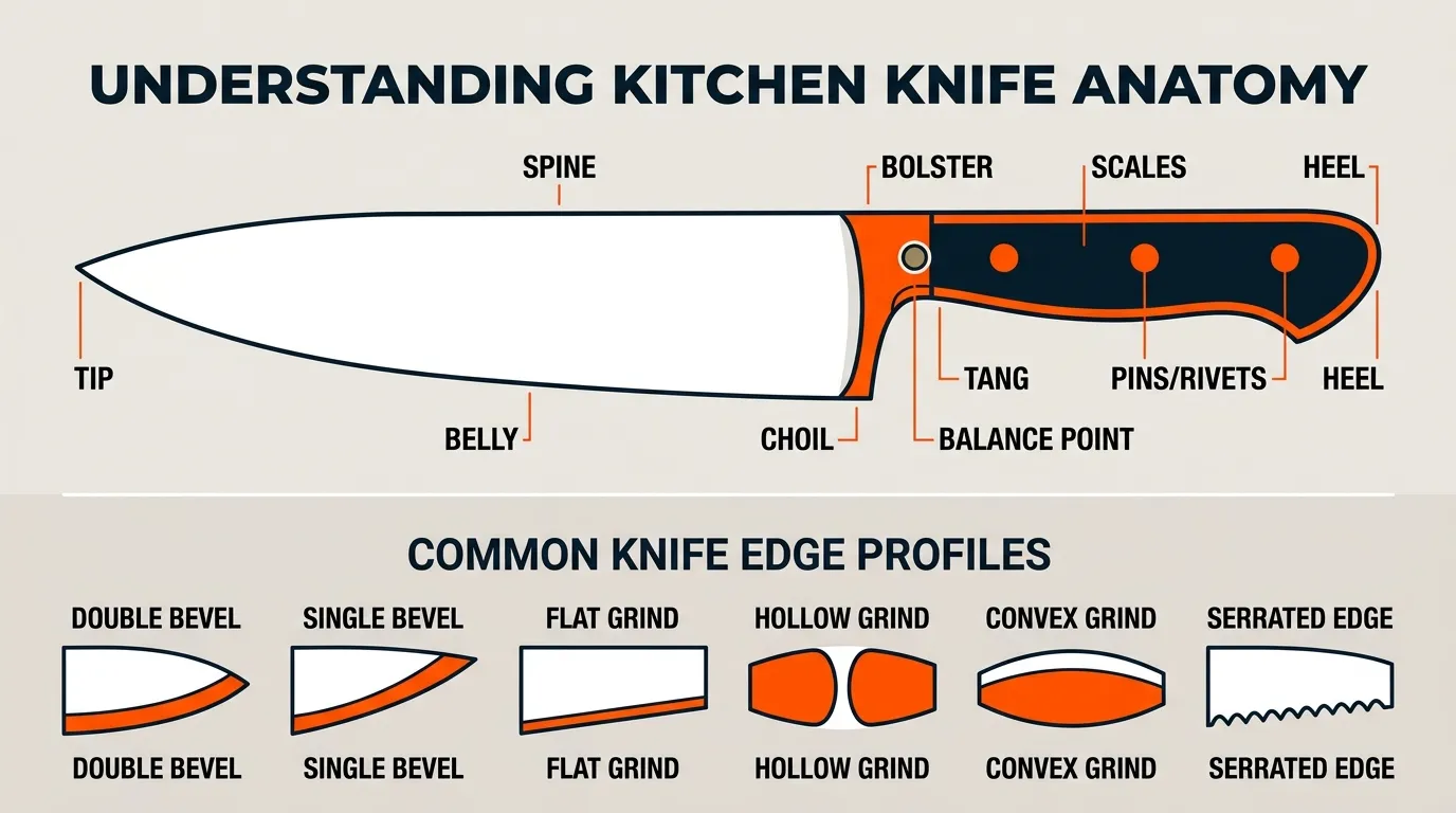Annotated kitchen knife showing tip, belly, heel, spine, bolster, choil, tang, scales, pins, and balance point