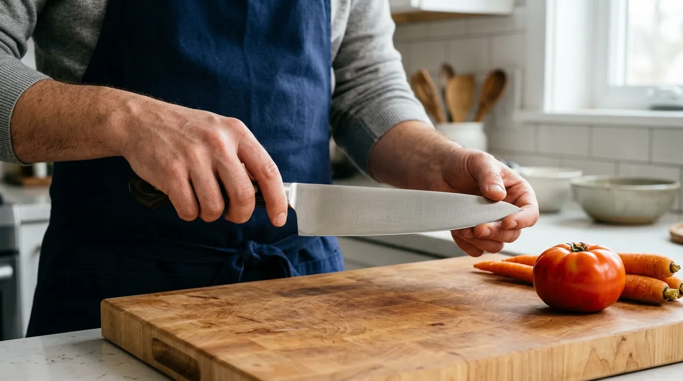 Chef knife being checked for sharpness, balance, edge profile, and comfortable grip