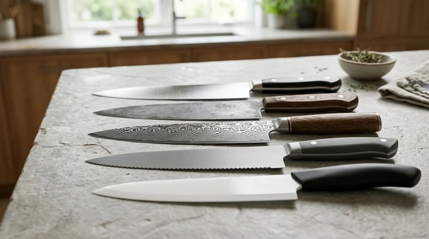 Kitchen knife blade materials including stainless steel, high carbon steel, powder metallurgy steel, Damascus, and ceramic