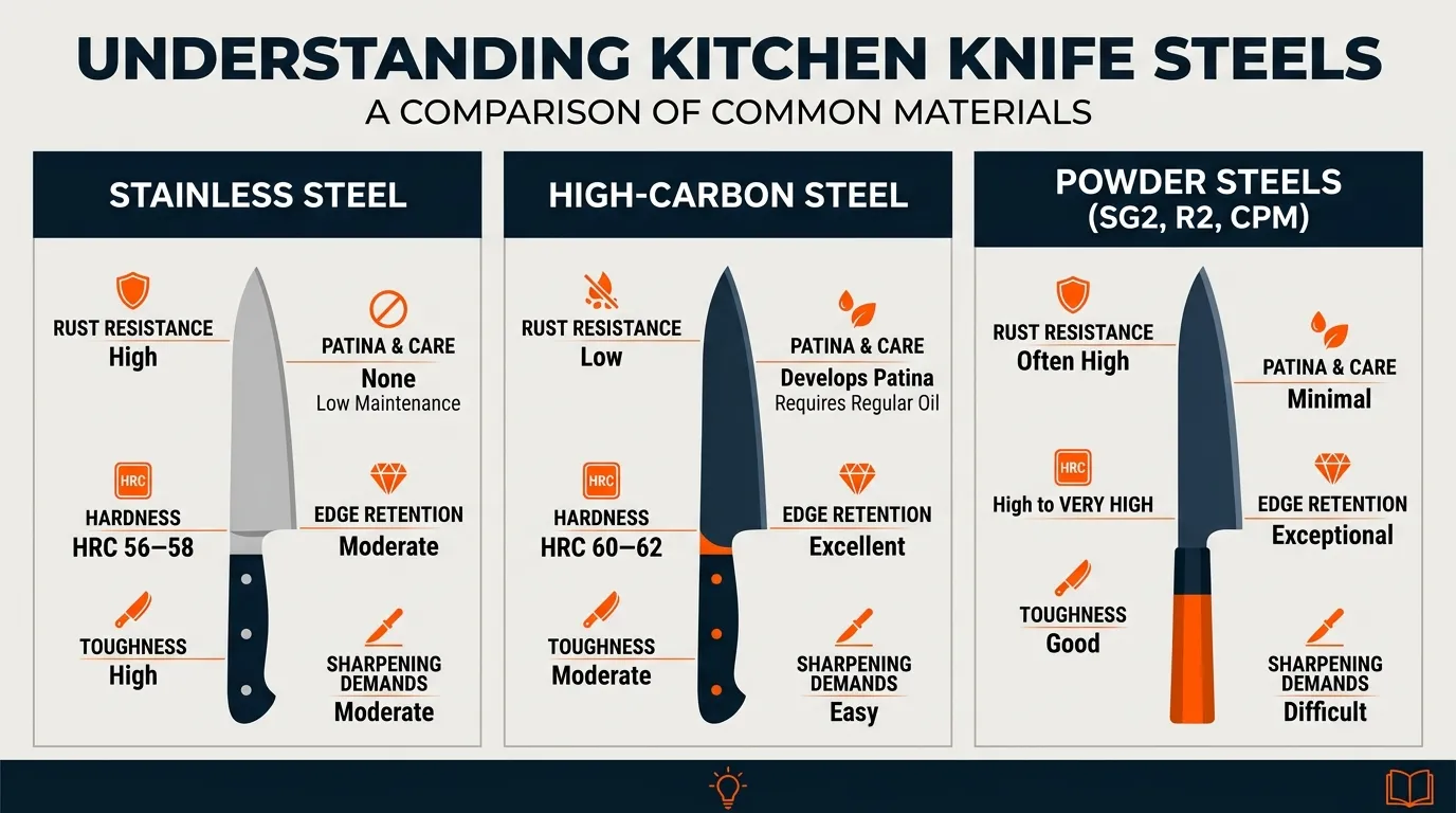 Kitchen knife steel comparison showing stainless, high-carbon, and powder steel characteristics