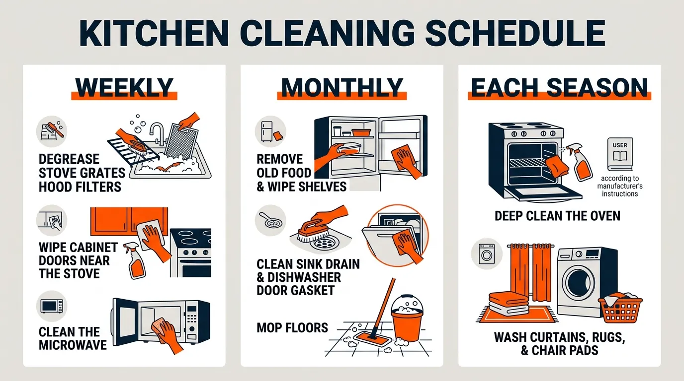 Kitchen cleaning schedule showing weekly, monthly, and seasonal tasks for reducing lingering odors