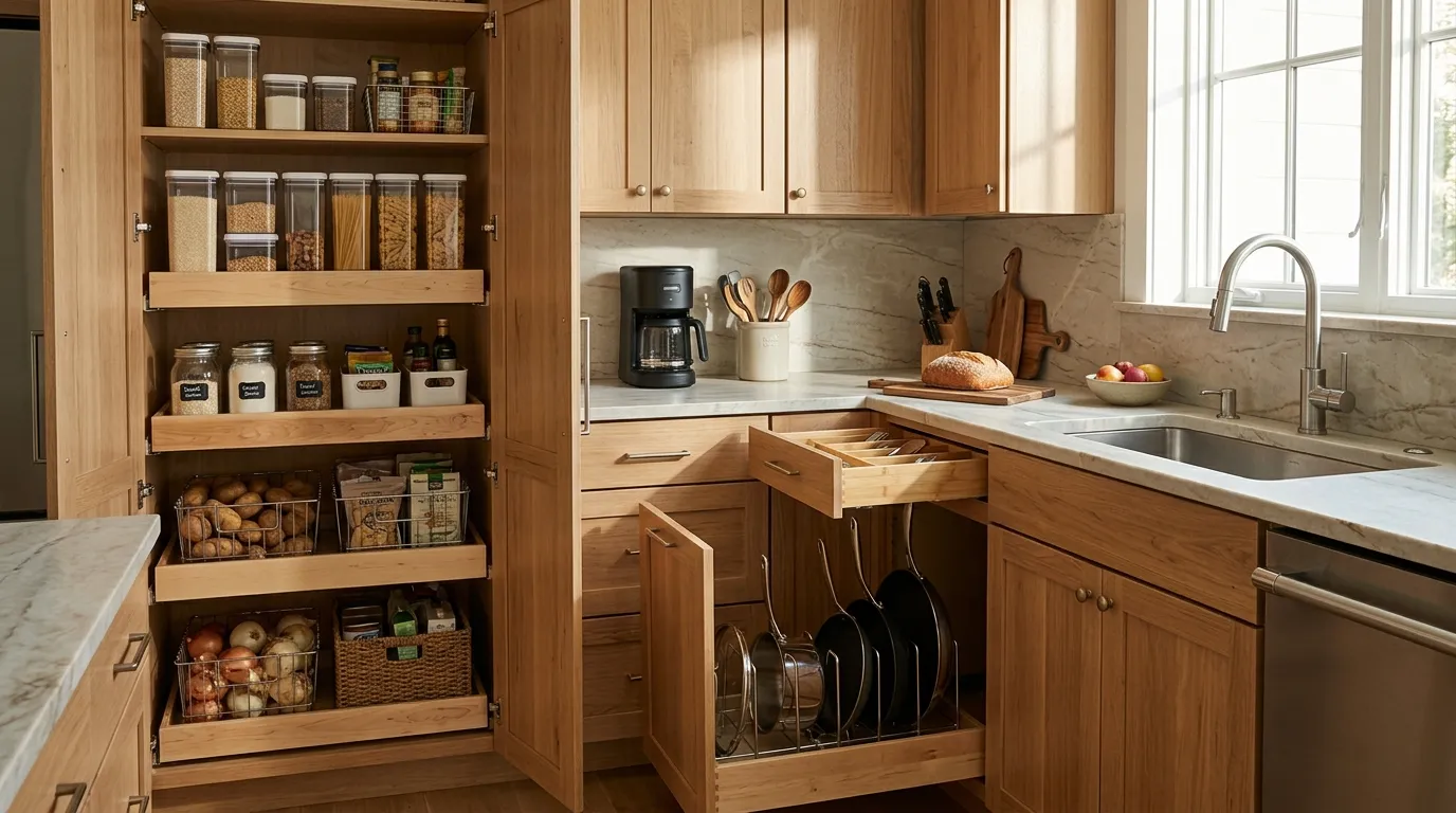 Organized modern kitchen with clear pantry containers, neatly arranged cabinets, and clutter-free countertops