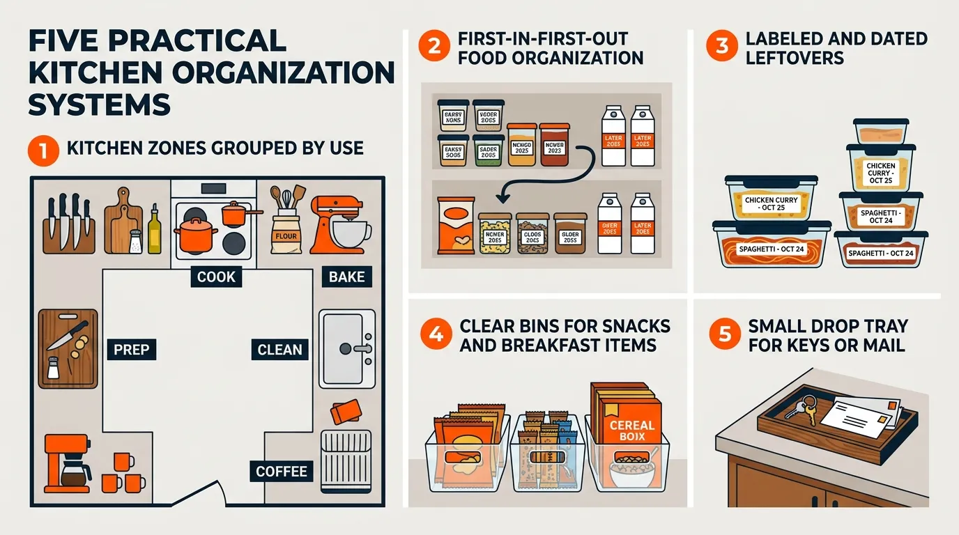 Kitchen organization system showing task zones, first-in-first-out food storage, labeled leftovers, clear bins, and a small drop tray