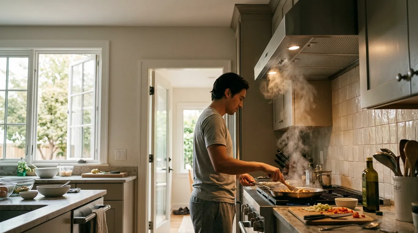 Kitchen range hood venting cooking fumes outdoors while an open window helps fresh air circulate