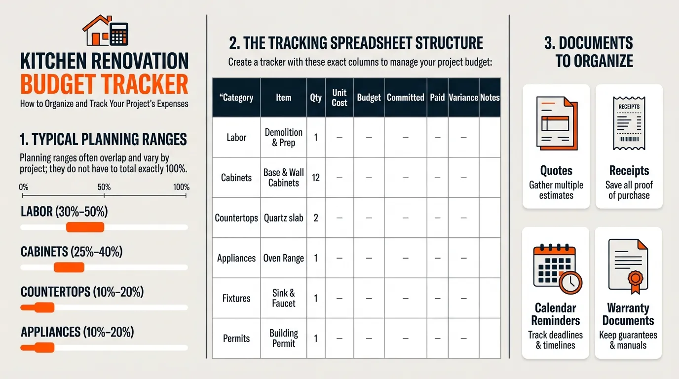 Kitchen remodel planning scene showing cabinet measurements, finish samples, contractor quotes, and project documents organized before purchasing