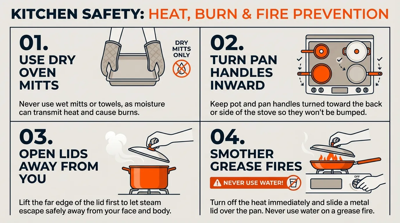 Kitchen safety infographic showing dry oven mitts, inward-facing pan handles, safe steam release, and grease fire prevention