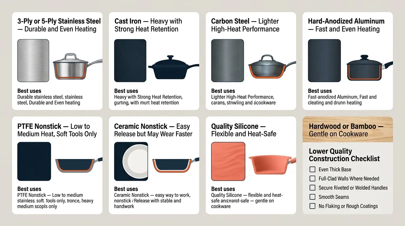 A comparison of stainless steel, cast iron, carbon steel, hard-anodized aluminum, nonstick, silicone, wood, and bamboo kitchen tools.