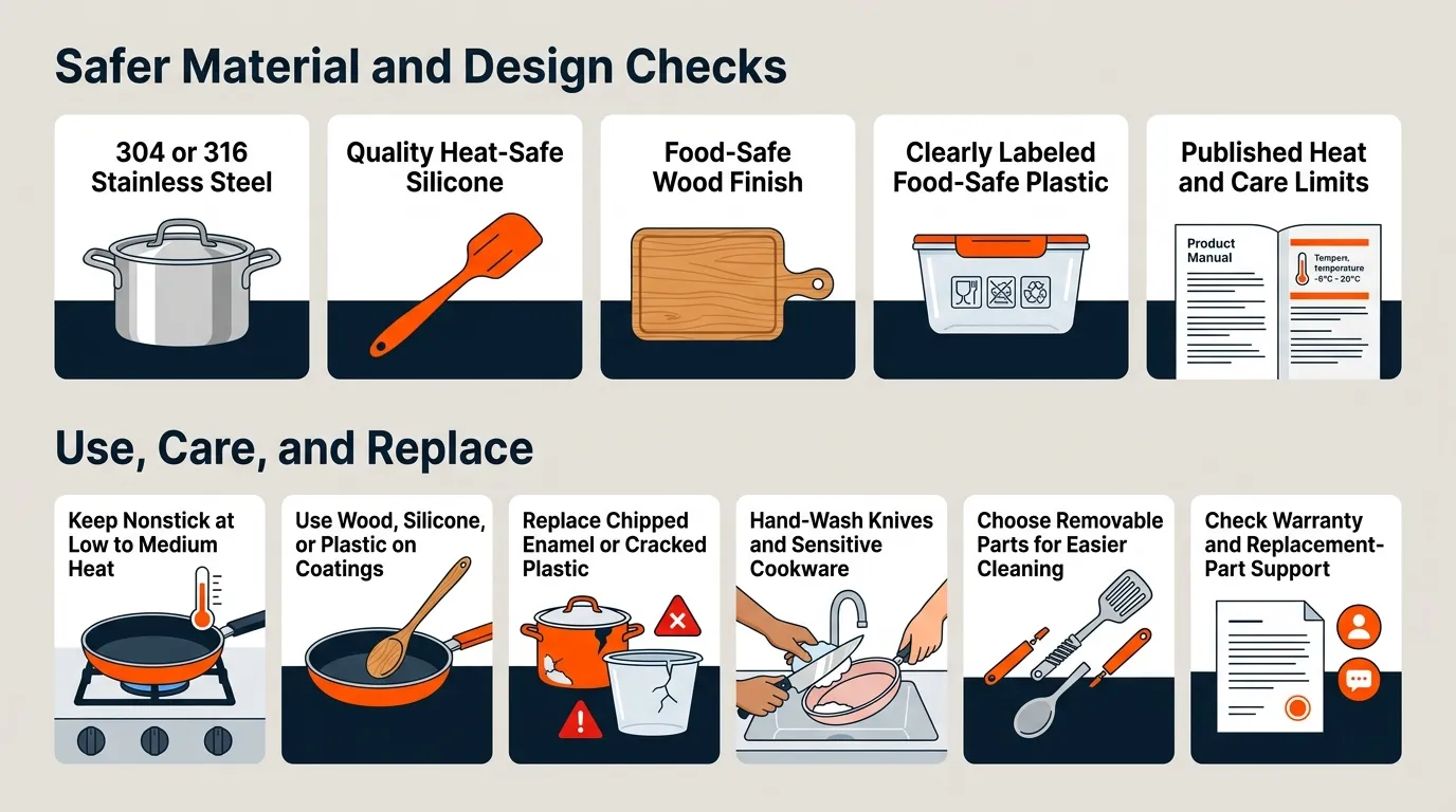 A safety guide showing food-safe materials, moderate heat for nonstick, soft utensils, replacement signs, cleaning needs, and warranty checks.