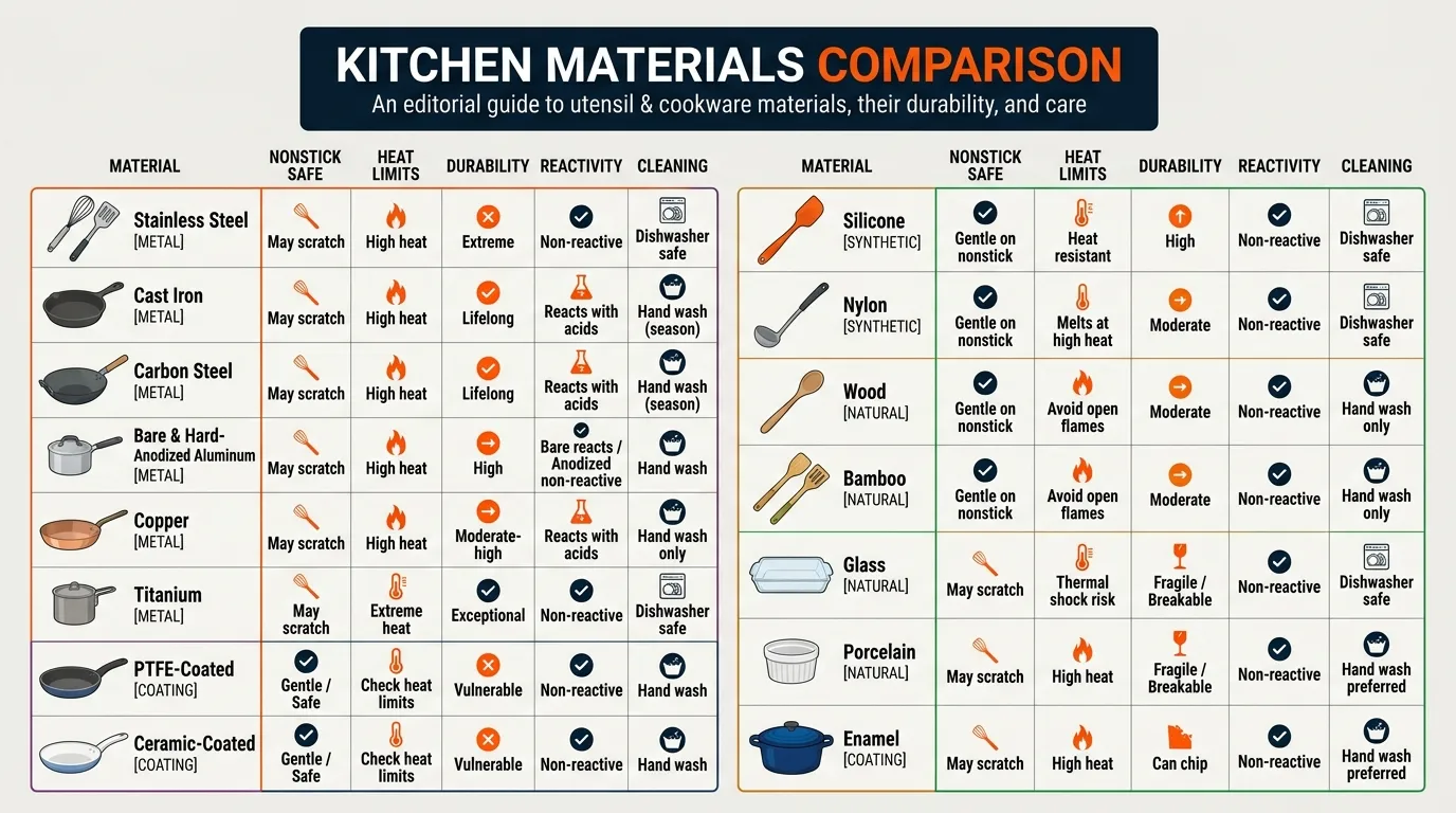 Comparison chart showing the heat resistance, pan compatibility, durability, and care considerations of common utensil materials