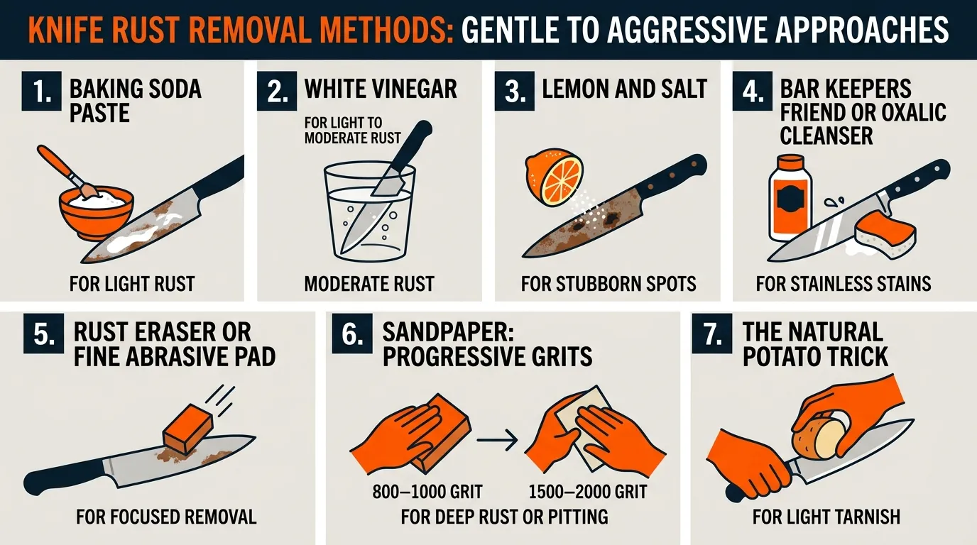 Knife rust removal methods progressing from gentle baking soda and vinegar treatments to controlled abrasive sanding