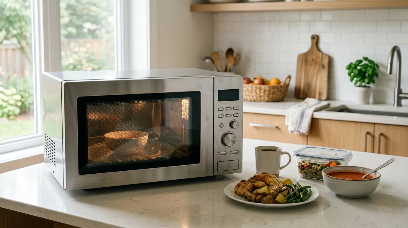 Microwave oven being measured for width height and depth with space checked around the appliance