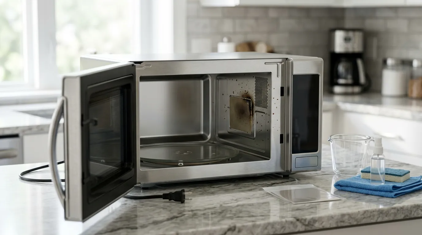 Microwave with visible interior burn marks and a safe troubleshooting setup for fixing sparking problems