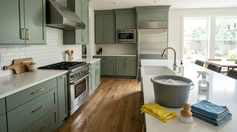 Clean modern kitchen during a monthly deep-cleaning session with organized tools and spotless surfaces