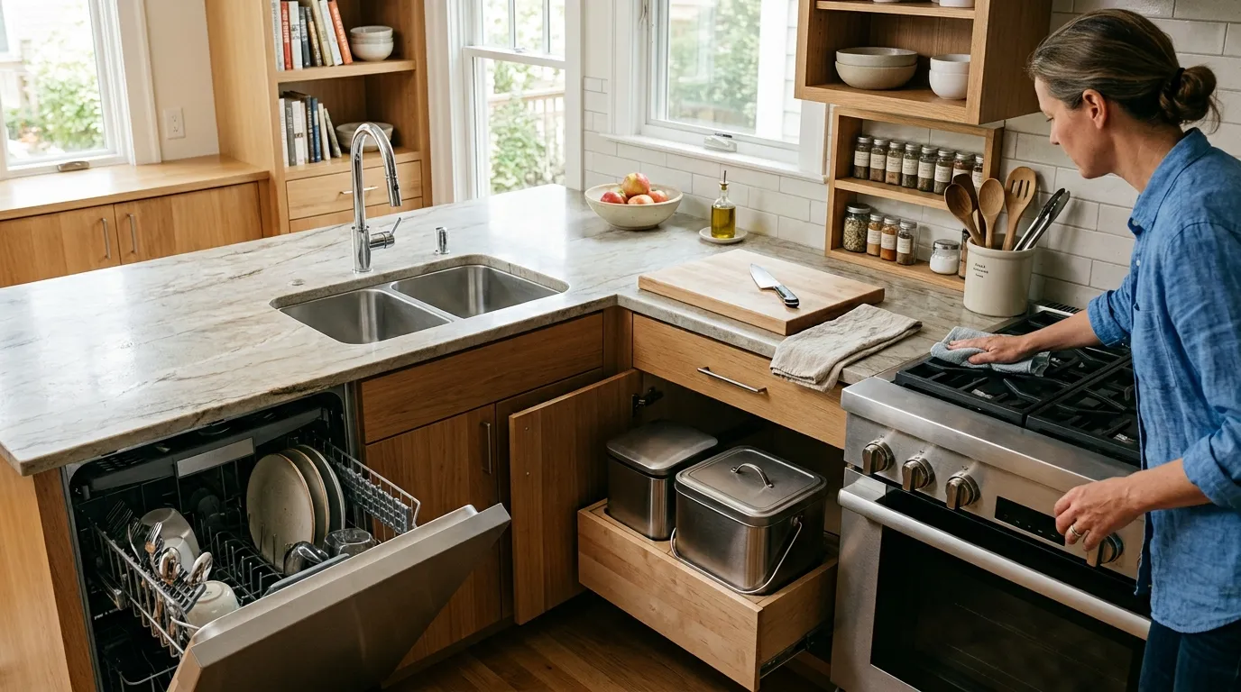 Kitchen reset with cleared sink, wiped counters, clean cooking tools, and organized food preparation area