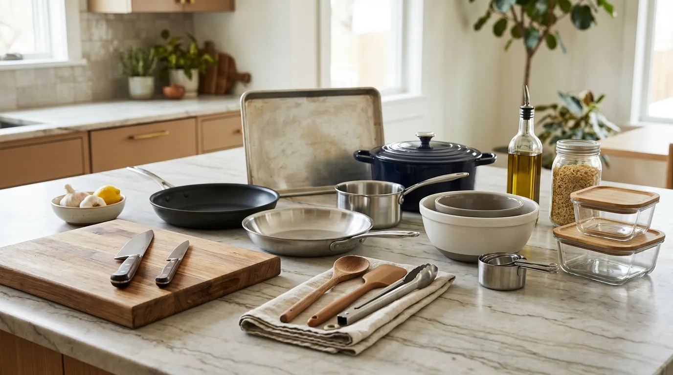 Essential kitchen utensils, knives, cookware, and food storage containers arranged on a countertop in a modern American kitchen