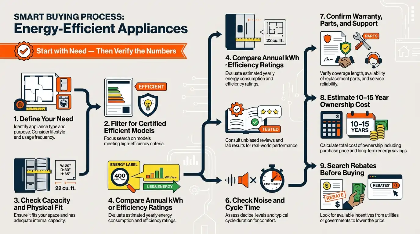 A nine-step buying process covering needs, certification, capacity, energy use, testing, comfort, support, lifetime cost, and rebates.