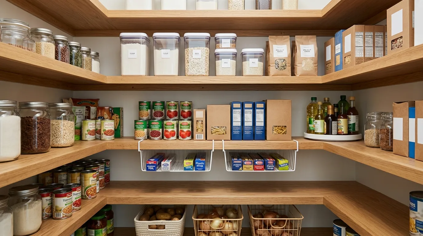 Pantry with labeled dry-food containers, grouped canned goods, under-shelf baskets, and a first-in-first-out storage arrangement