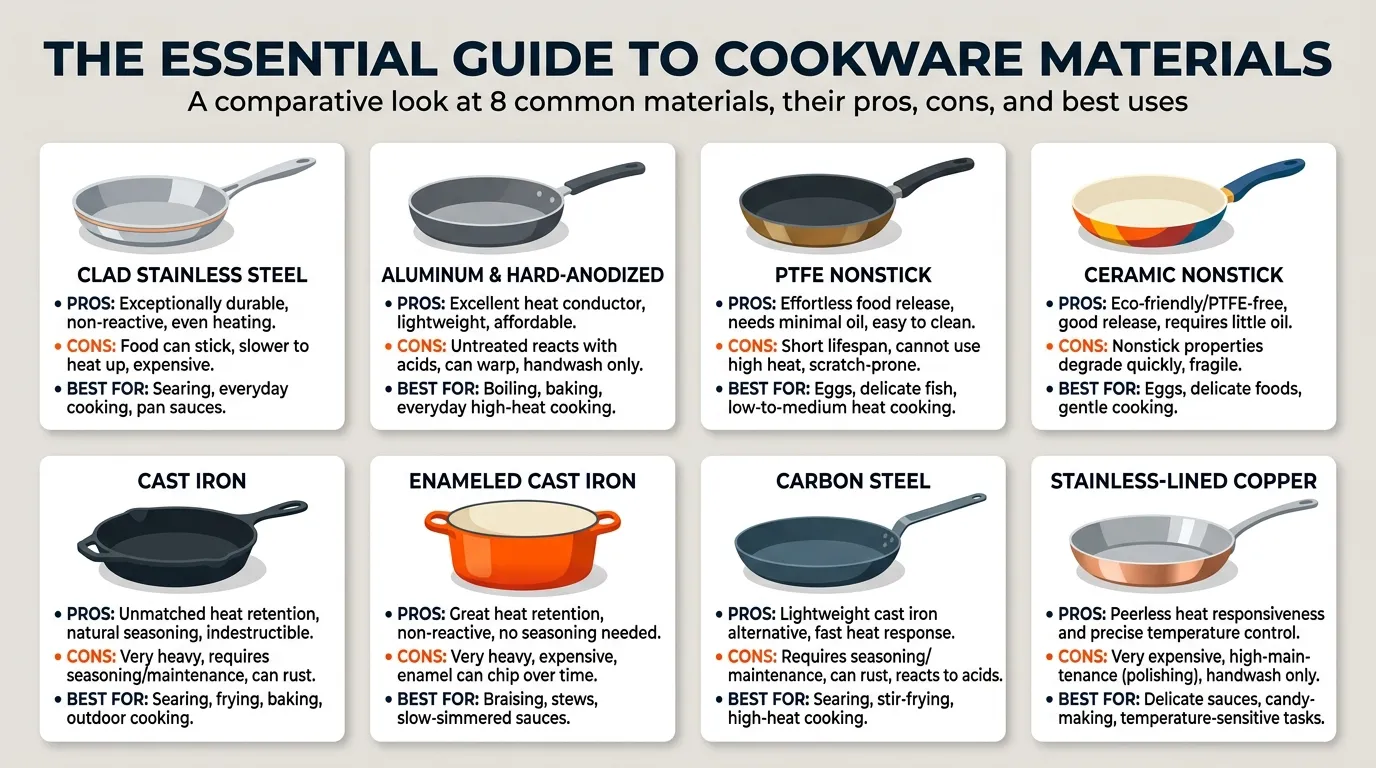 Comparison of stainless steel, aluminum, PTFE nonstick, ceramic nonstick, cast iron, enameled cast iron, carbon steel, and lined copper cookware