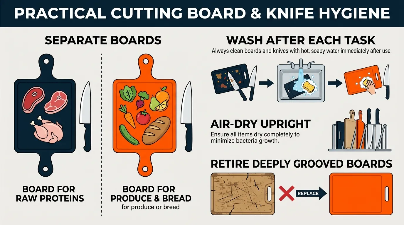 Kitchen cutting board safety guide showing separate preparation surfaces for raw proteins and ready-to-eat foods