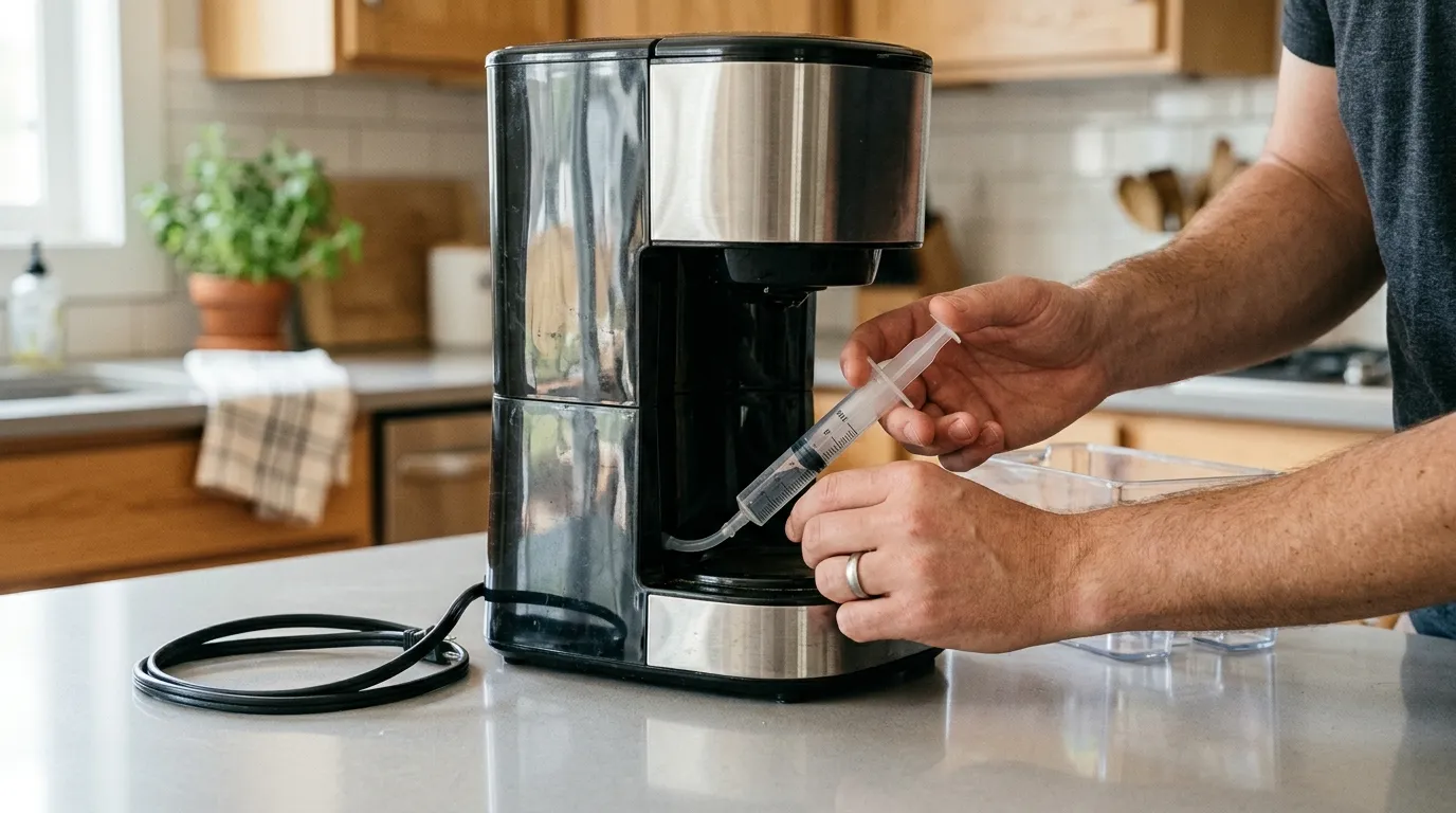 Coffee maker water reservoir being primed to restore water flow after an airlock or dry start
