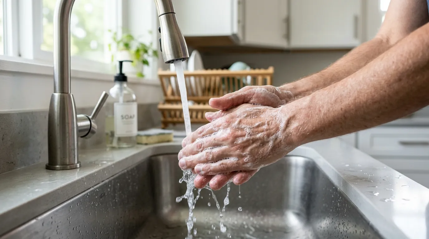 Hands being washed with soap and warm water at a kitchen sink before food preparation