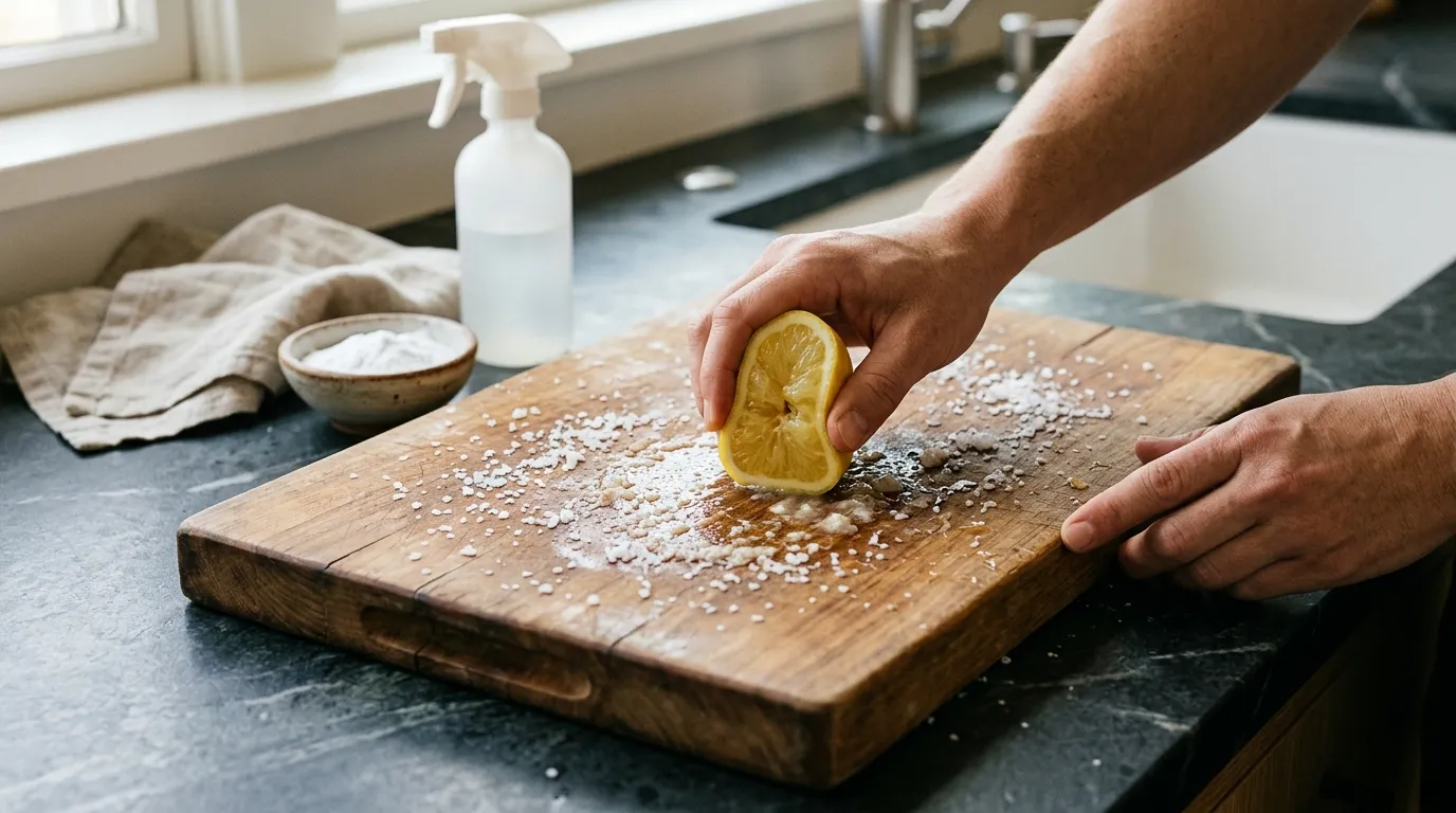 Cutting board being scrubbed with lemon and salt beside baking soda and white vinegar