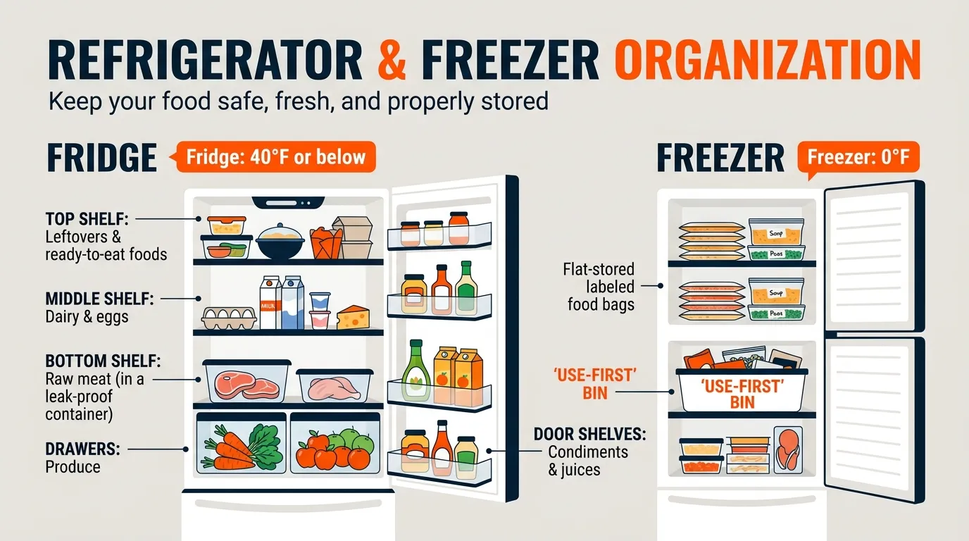 Refrigerator organization infographic showing food storage zones, a use-first bin, flat freezer bags, and recommended appliance temperatures