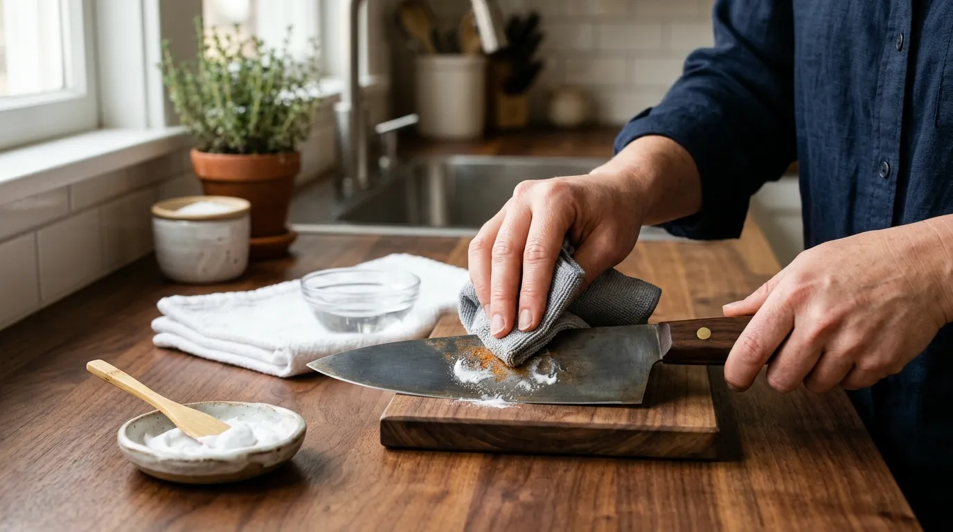 Baking soda paste being gently rubbed over light rust on a carbon steel kitchen knife