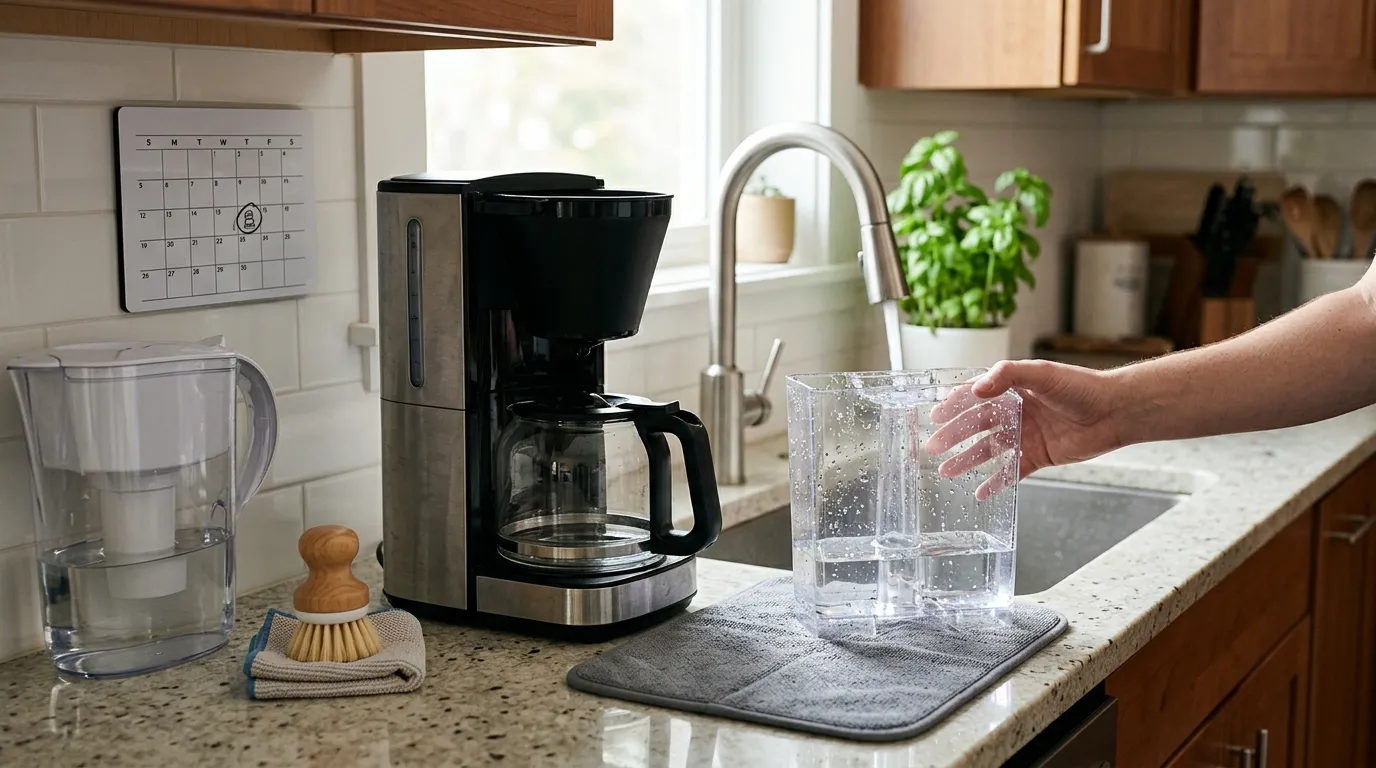 Coffee maker reservoir being cleaned and air-dried beside filtered water and maintenance supplies