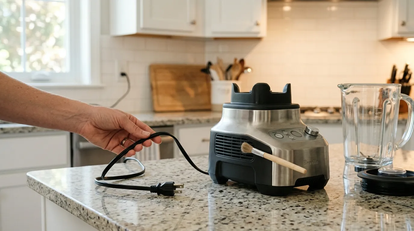 Unplugged blender cooling on a kitchen counter while the plug, cord, vents, and motor base are inspected safely