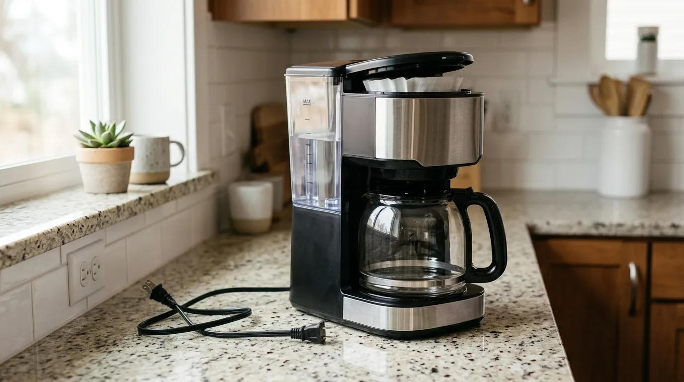 Unplugged coffee maker being checked for water tank, carafe position, filter basket, and power connection