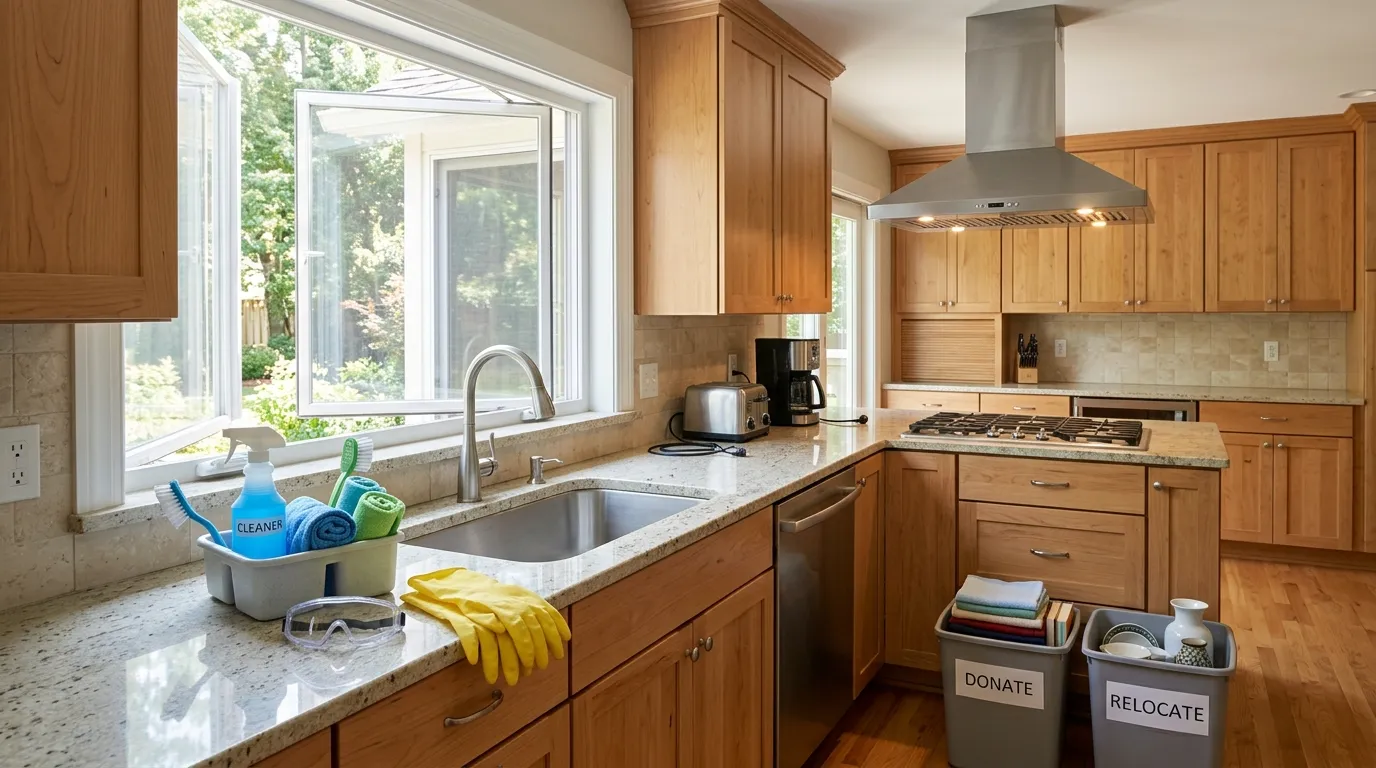 Kitchen cleaning supplies prepared safely with gloves, ventilation, cleared counters, and separate sorting bins
