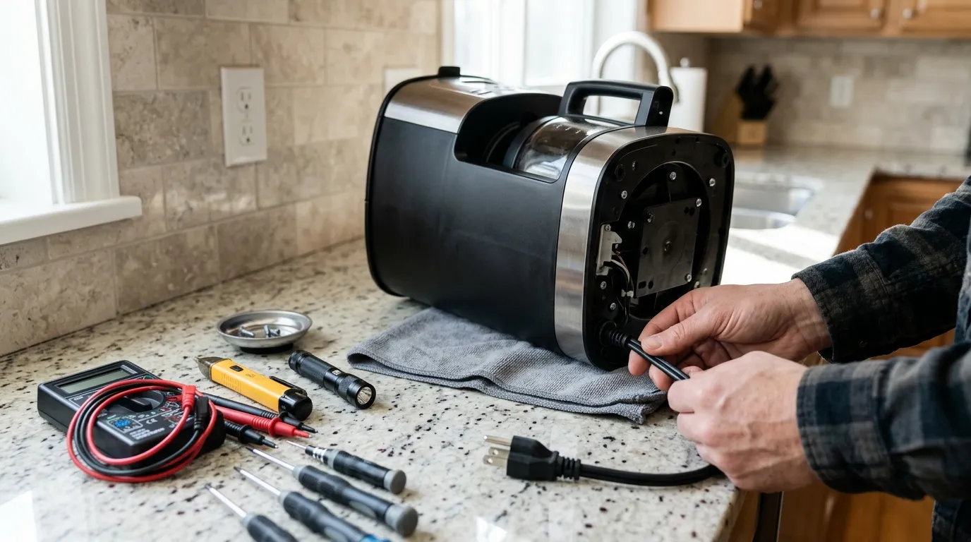 Unplugged kitchen appliance being safely inspected with a multimeter and electrical troubleshooting tools