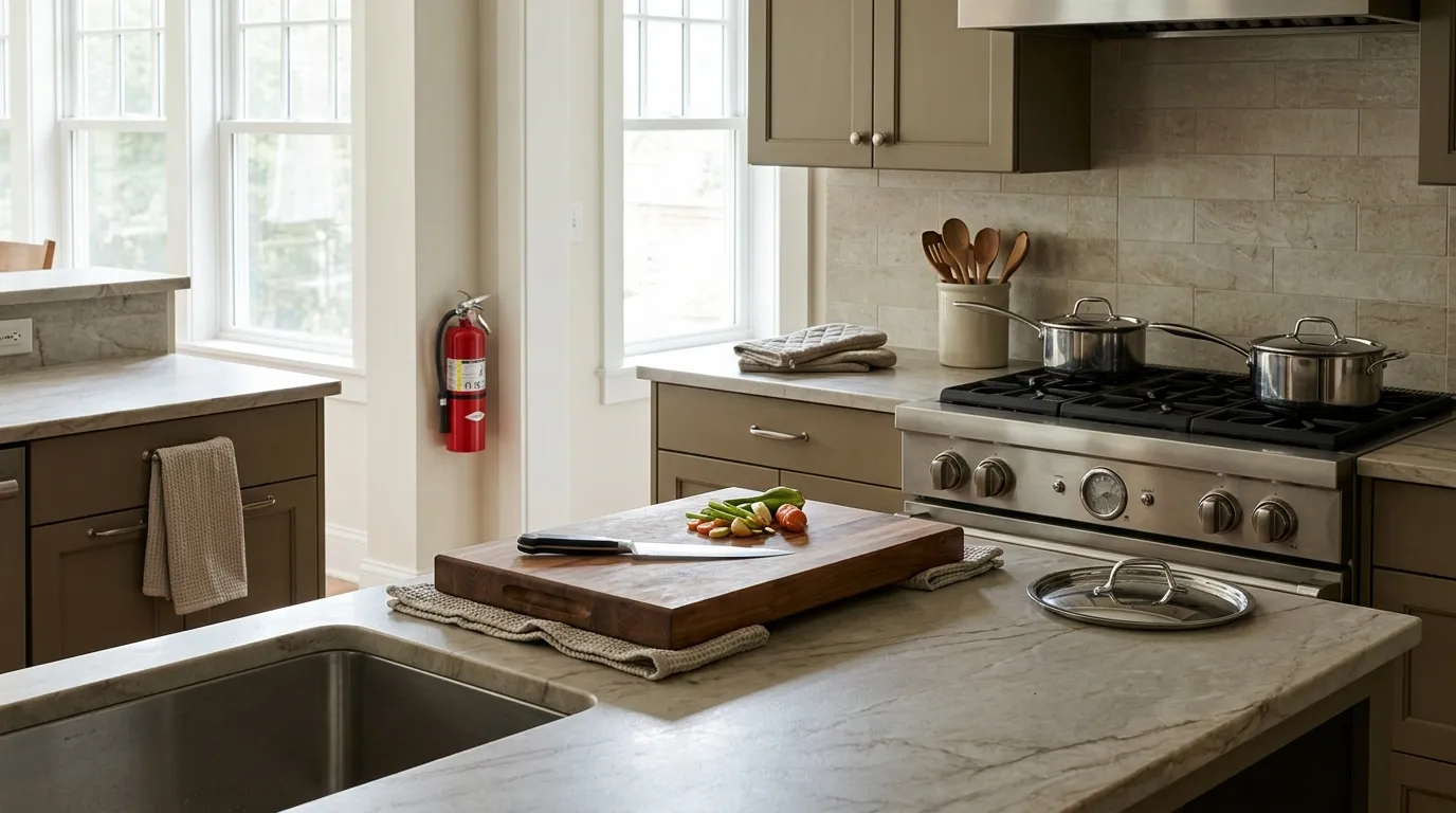 Organized kitchen workspace with a stable cutting board, turned-in pot handles, dry towels, and clear cooking areas